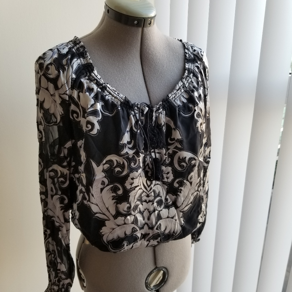 White House Black Market, Silk tassel front blouse, size S